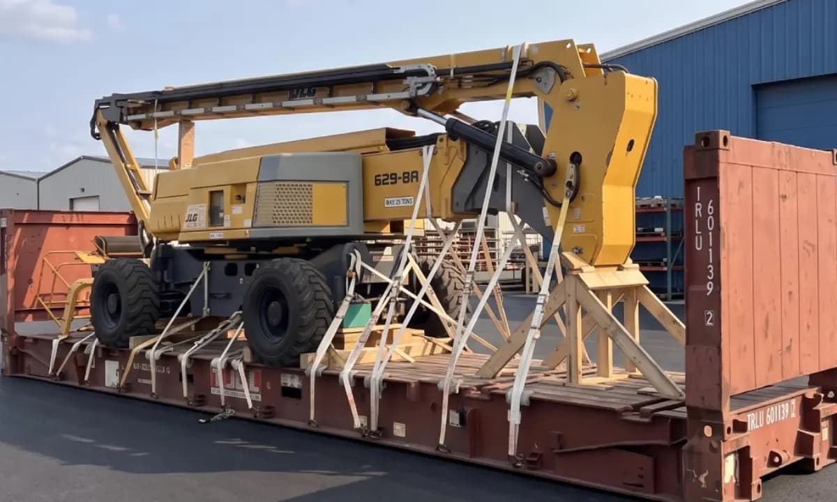 A boom lift braced with straps and timber inside a flat rack.
