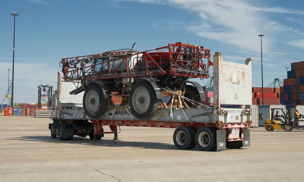 A drilling rig on a flatbed trailer at the container terminal.