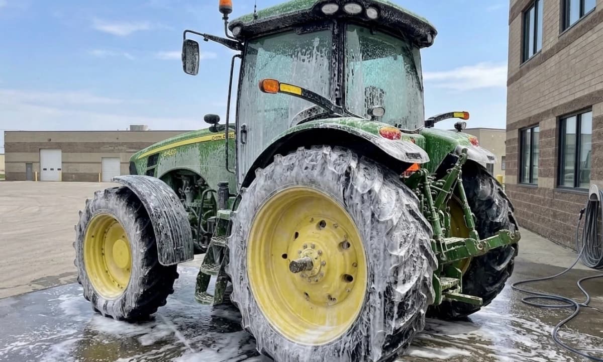 A tractor covered in foam during washing.