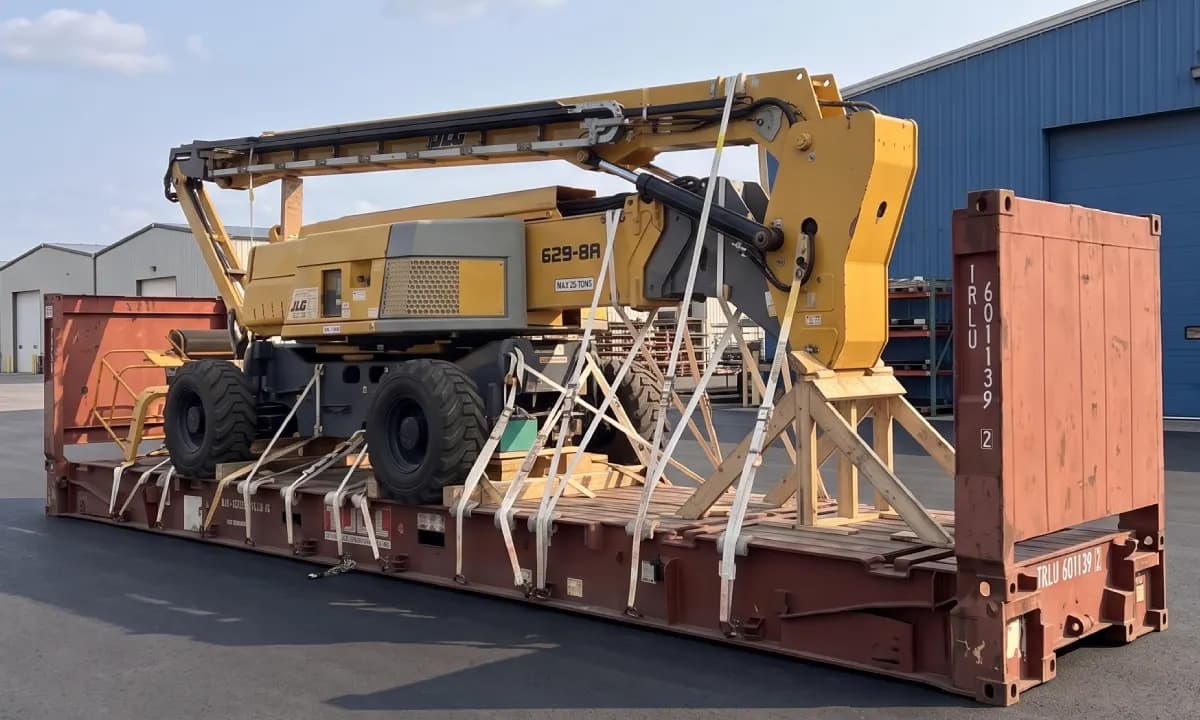 A boom lift braced with timber on a flat rack.