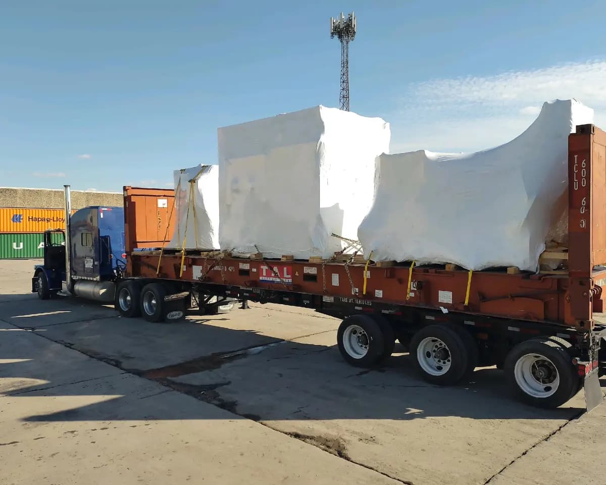 Equipment shrink wrapped before export shipment.