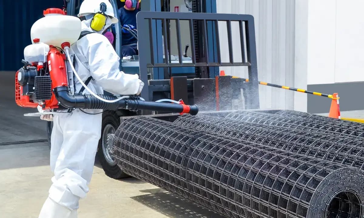 A technician in protective gear applying treatment to rolled matting.