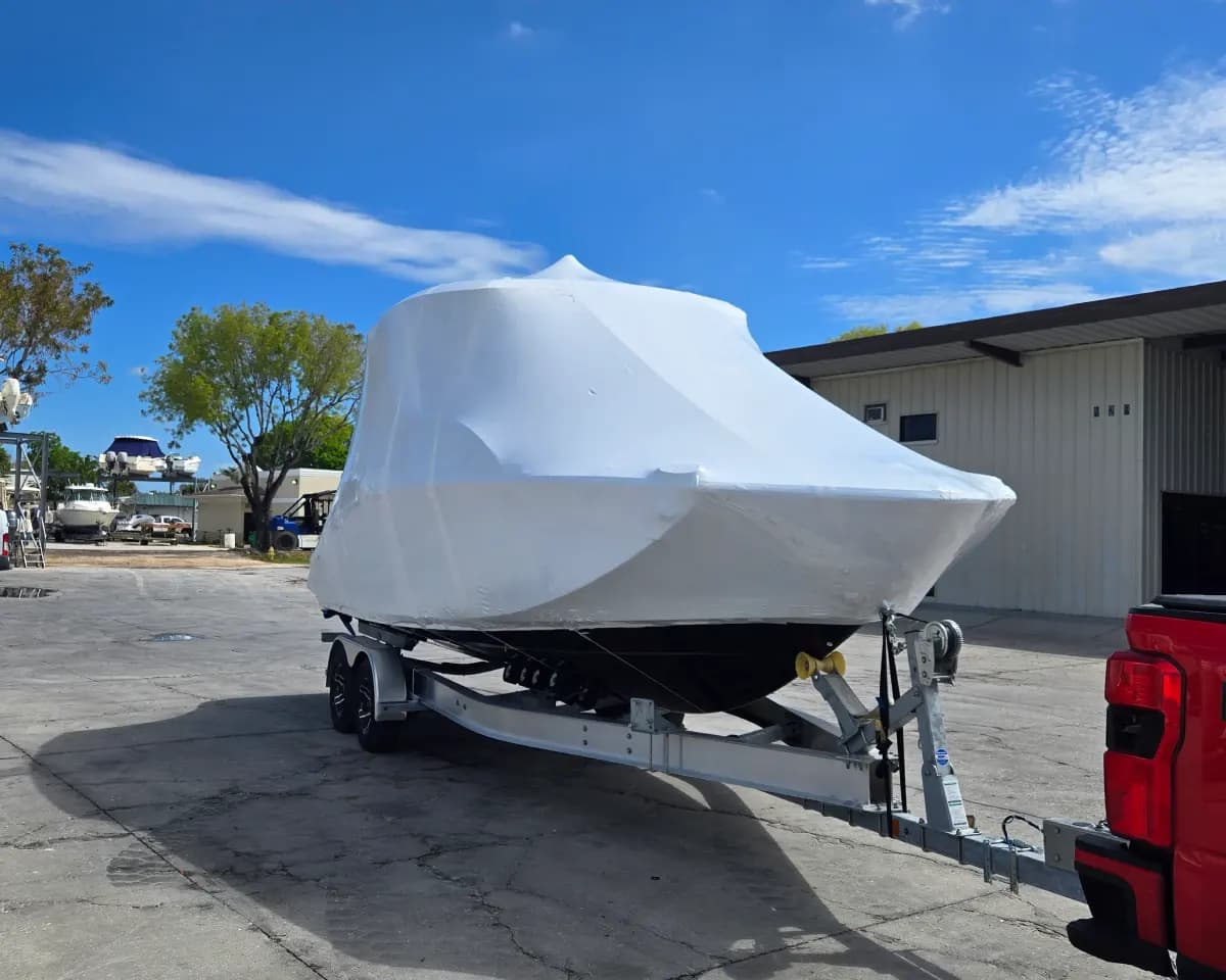 Boat shrink wrapped at Houston facility.