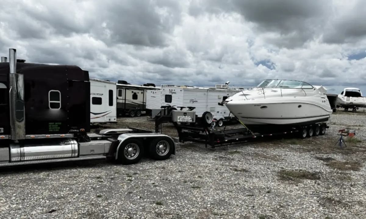 A sport cruiser on its trailer in the storage yard.