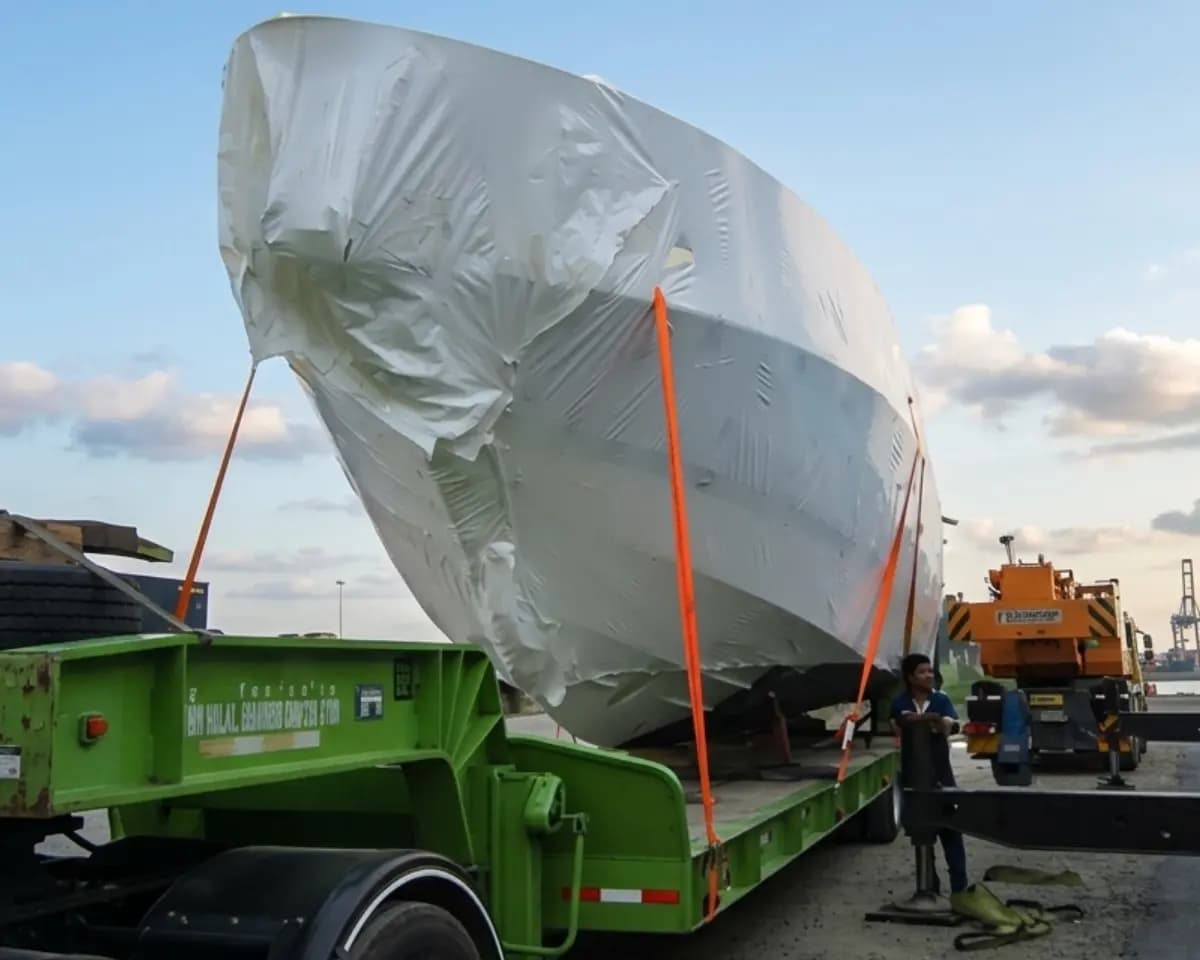 Yacht secured on custom cradle before export.